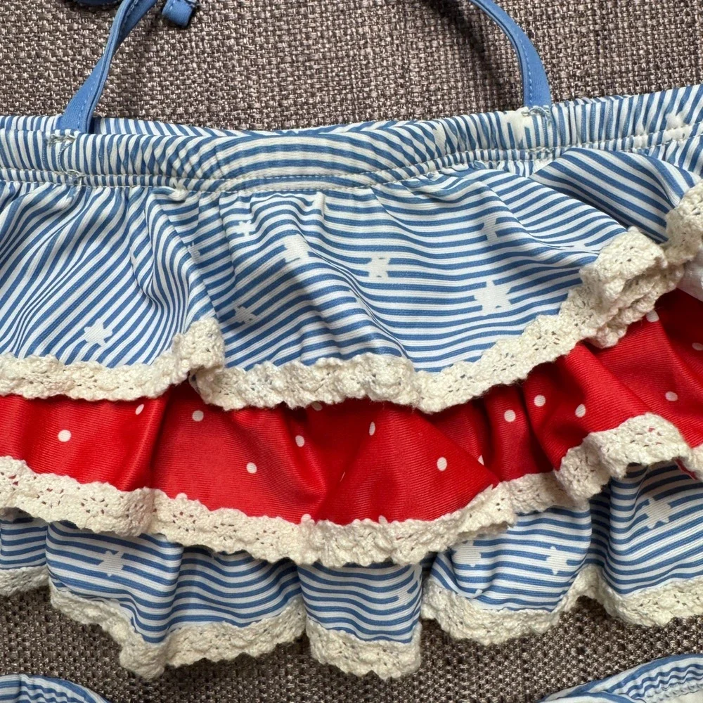 SweetHoney Girls Blue Red Striped Polka Dot Ruffle Two Piece Swimsuit Size 6Y